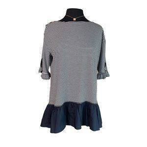 Maeve Anthropologie Navy Blue White Stripe Ruffle Hem Tunic Top
